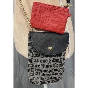 2 pc Juicy Couture BLK CrossBody/Red Coin Purse Logo Embossed‎ Gold Heart Zip